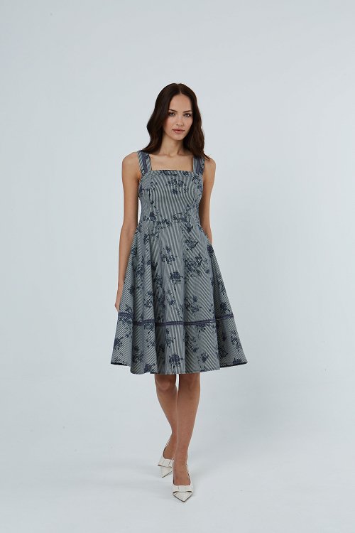Flared Dress with Striped Floral Print