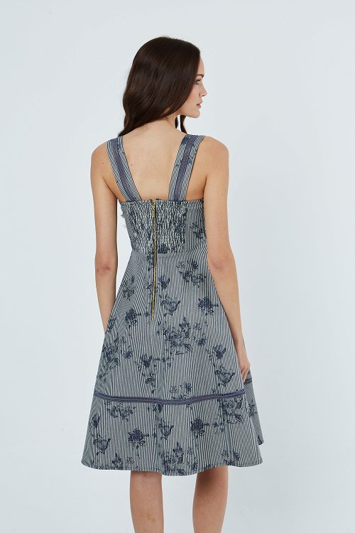 Flared Dress with Striped Floral Print