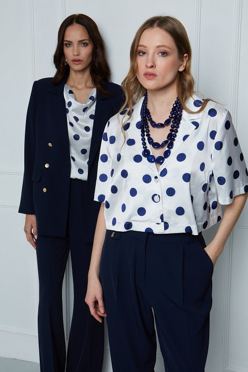 satin polka-dot shirt featuring a notch lapel collar