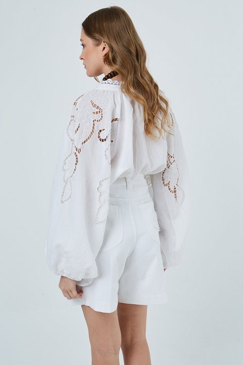 blouse with buttons and cutwork embroidery