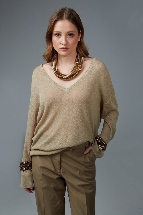 Linen Blend Knitted V-Neck Blouse