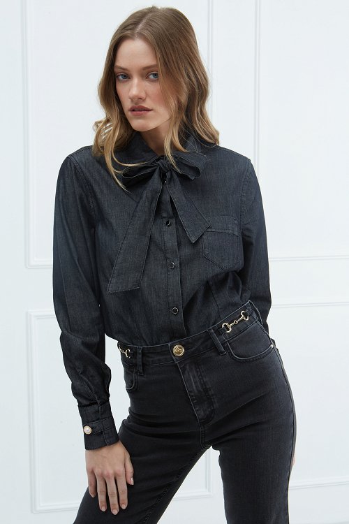 Denim Πουκάμισο Φιόγκο στο Λαιμό