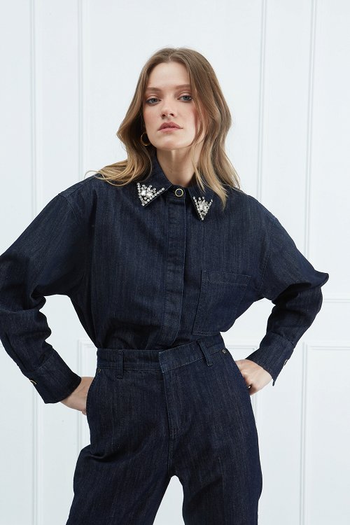 Πουκάμισο Denim με Στρας στο Γιακά