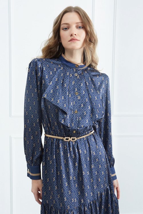Shirt Dress with Ruffled Neckline