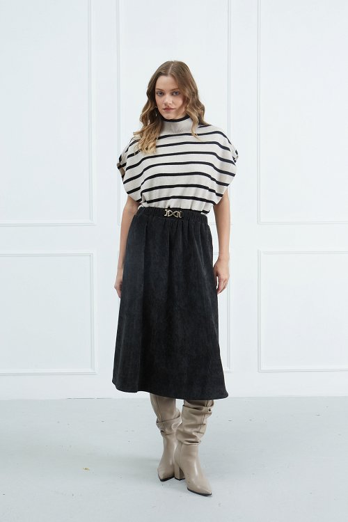 Midi Corduroy Skirt with Metallic Detail