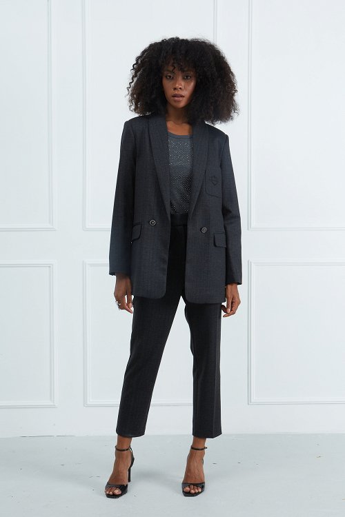 Striped Blazer with Embroidery