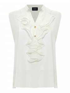 sleeveless ruffle-neck blouse