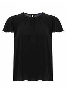 blouse featuring a ruched neckline and ruffle sleeves