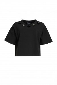 T-shirt με απλικέ λουλούδια στο λαιμό