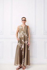Φόρεμα mixed linen με άνοιγμα βε & τσέπες